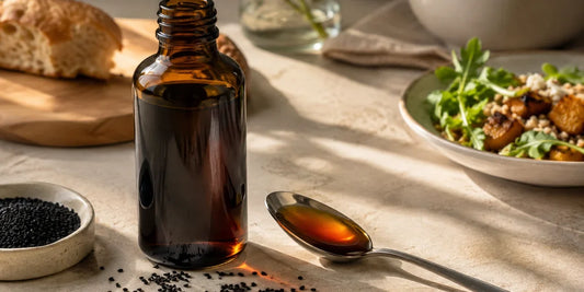 Dark glass bottle of deep amber black seed oil beside a filled teaspoon and scattered matte black seeds