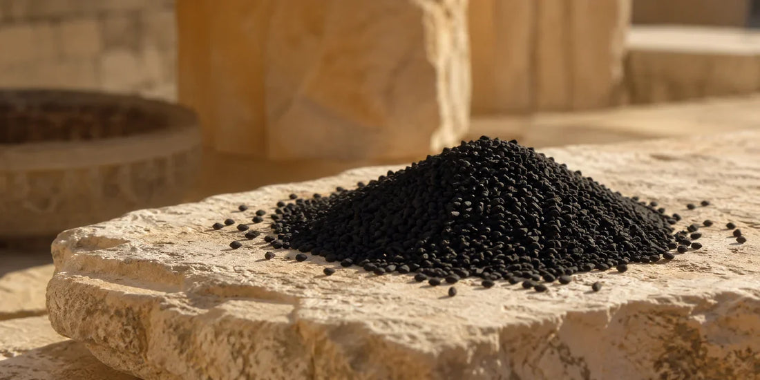 Heap of matte black Nigella sativa seeds on a weathered pale limestone surface in warm directional daylight, evoking ancient heritage