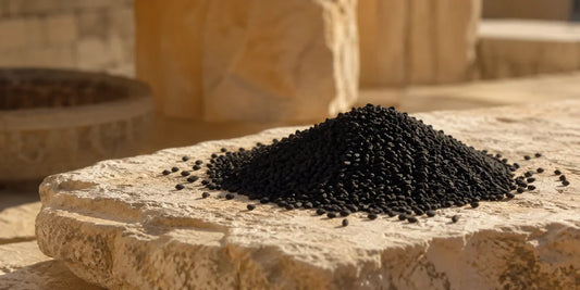 Heap of matte black Nigella sativa seeds on a weathered pale limestone surface in warm directional daylight, evoking ancient heritage