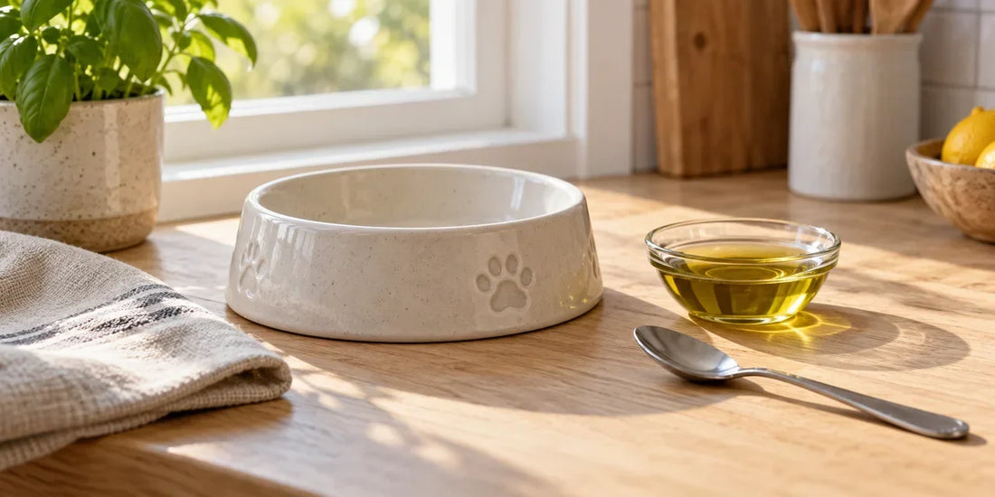 Empty pale ceramic pet bowl beside a small glass dish of golden-green olive oil and teaspoon on oak