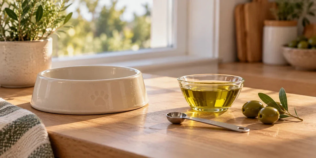 Empty pale ceramic pet bowl beside a glass dish of golden-green olive oil and quarter-teaspoon on oak