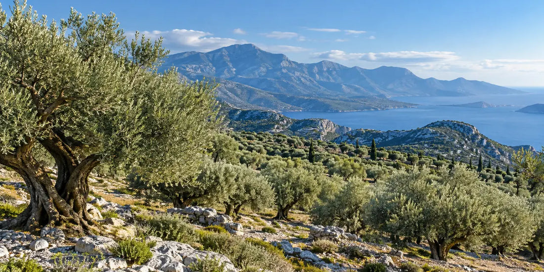 Silver-green olive trees cover a rocky hillside above blue coastal water beneath distant mountains and clear sky