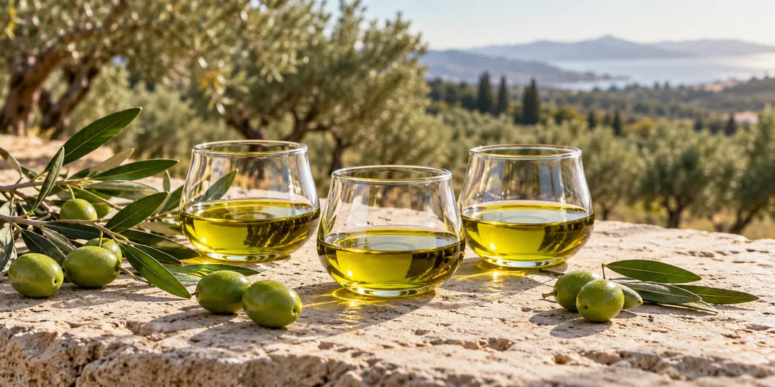 Three glasses of golden-green olive oil beside fresh olives and leaves overlook a sunlit olive grove.
