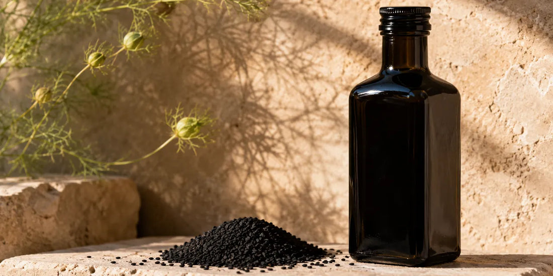A dark glass black seed oil bottle beside matte black seeds on a pale stone surface in warm directional light