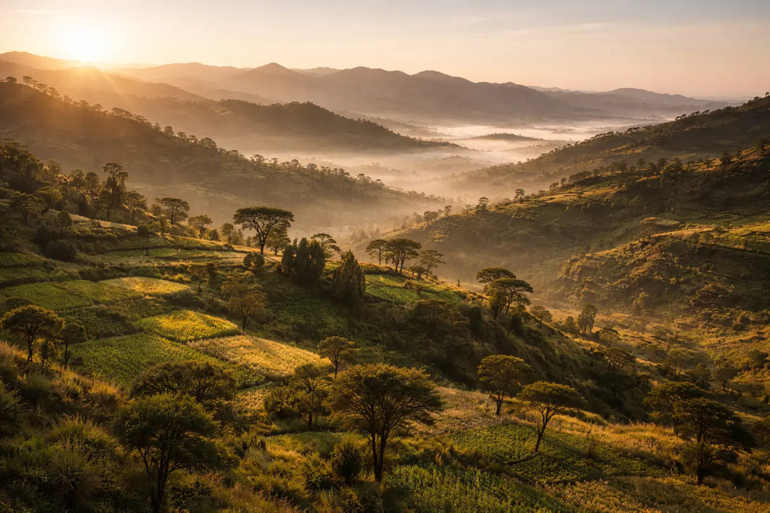 Sweeping Ethiopian highland landscape at sunrise with rolling green hills and warm golden light
