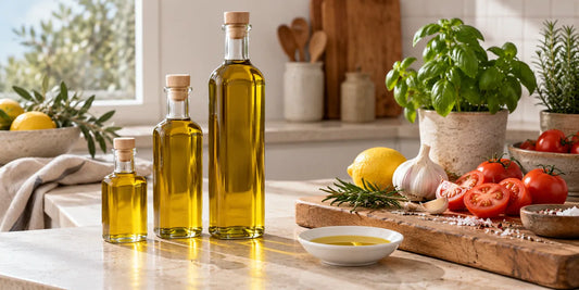 Three plain unlabelled glass bottles of golden extra virgin olive oil in different sizes on a bright kitchen counter