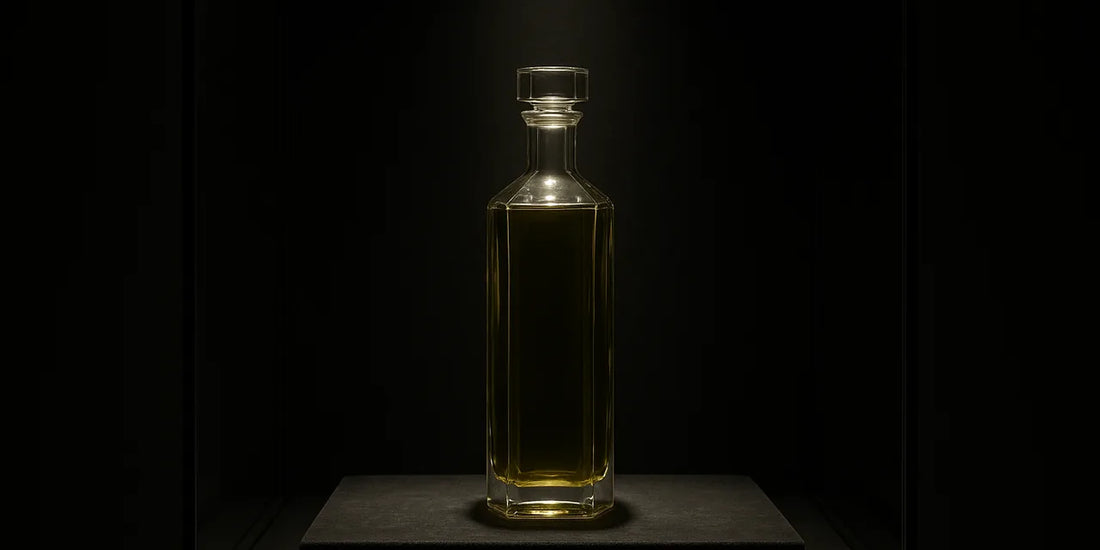 Single faceted glass bottle of deep green-gold oil spotlit on a dark velvet plinth inside a display case