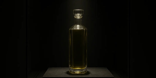 Single faceted glass bottle of deep green-gold oil spotlit on a dark velvet plinth inside a display case