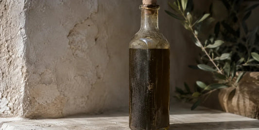 An old dusty glass bottle of olive oil gone dull and murky with age standing on a pale stone surface