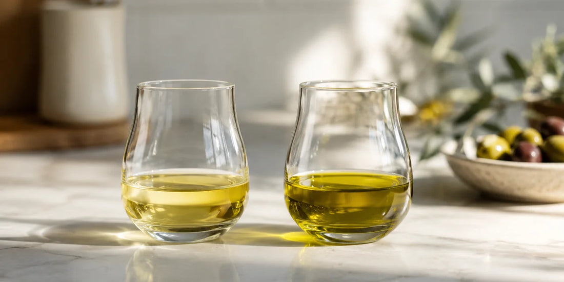 A clear glass of pale refined olive oil beside a glass of rich golden-green oil on a bright kitchen counter in soft daylight