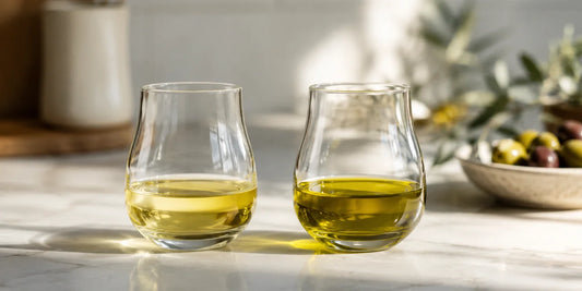 A clear glass of pale refined olive oil beside a glass of rich golden-green oil on a bright kitchen counter in soft daylight