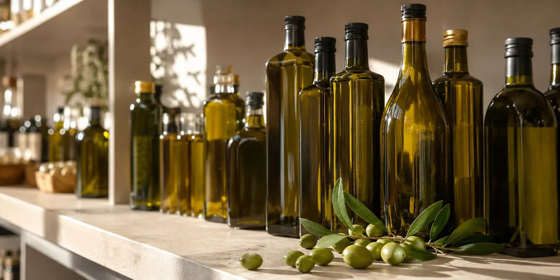 Several unbranded olive oil bottles on a bright shop shelf beside fresh olives and leaves on pale stone in warm light