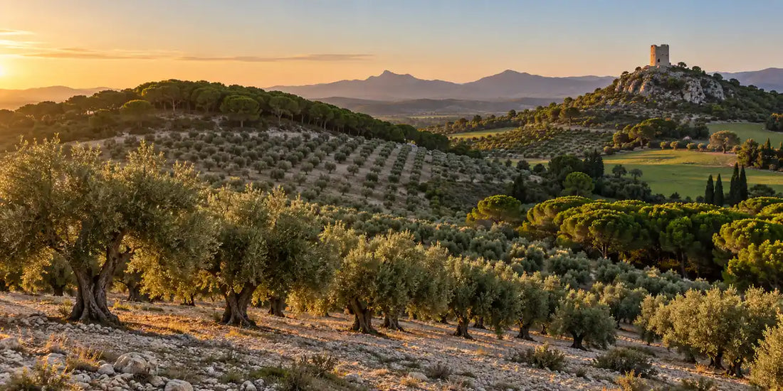 Rows of olive trees over pale limestone hills near Antequera with pine woods and a hilltop watchtower ruin