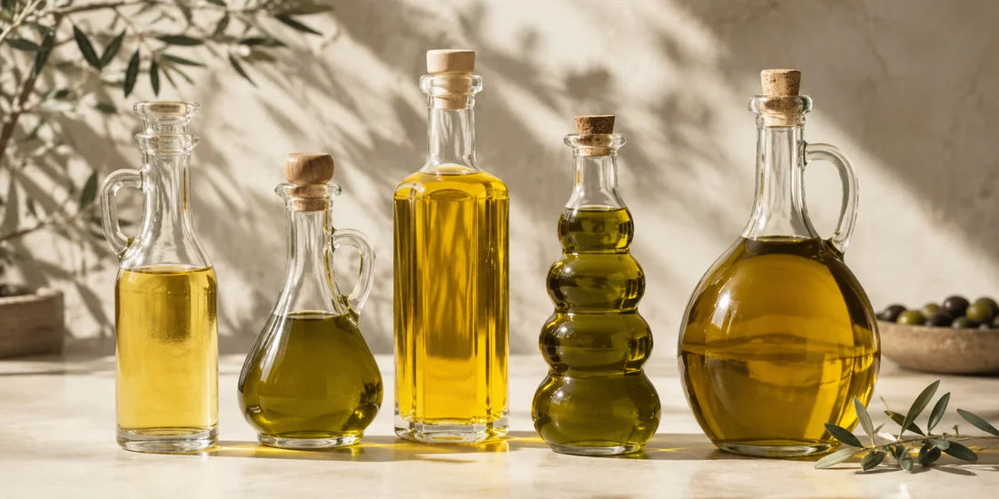 Five different unbranded glass bottles and cruets of olive oil in shades from pale gold to deep golden-green