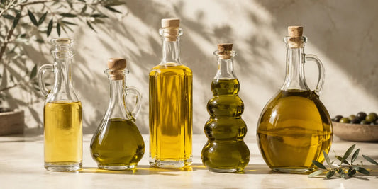 Five different unbranded glass bottles and cruets of olive oil in shades from pale gold to deep golden-green