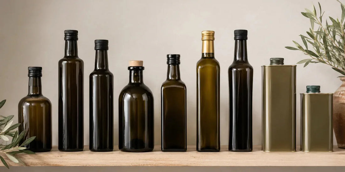 Row of dark olive oil bottles in graduated sizes beside two plain metal tins on a pale shelf