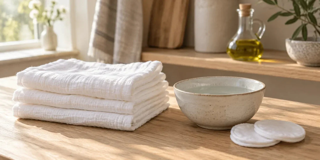 Folded white muslin cloths and a bowl of plain water on pale oak, with golden-green oil on the shelf behind