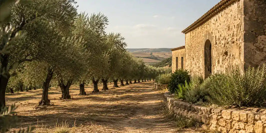 Rows of old olive trees beside a weathered stone farmhouse on a Sicilian hillside in warm daylight