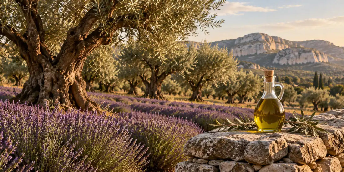 Old silvery olive trees beside lavender rows below limestone hills, with a glass cruet of golden-green olive oil