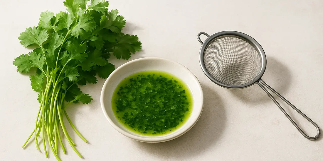 Loose bunch of fresh coriander leaves beside a shallow dish of vivid green herb oil and a fine mesh strainer on pale stone