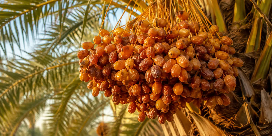 A cluster of ripe dates hanging on the date palm branch in warm golden afternoon light