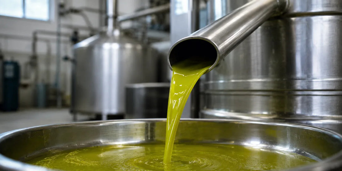 Cloudy green-gold new olive oil pouring from a stainless steel mill spout into a shallow catching bowl