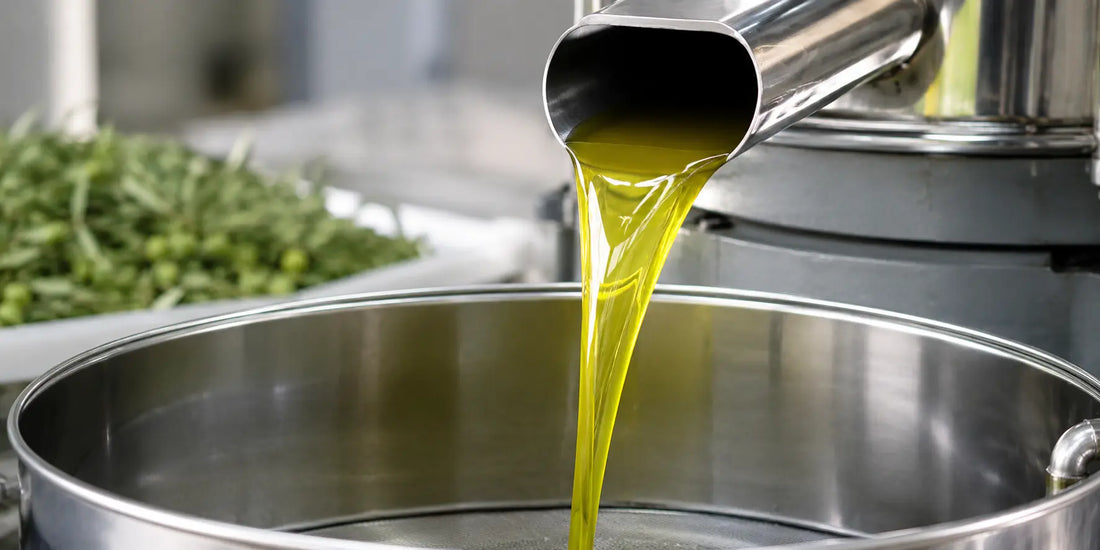 Fresh golden-green olive oil flowing from a stainless steel extraction outlet into a clean collection container