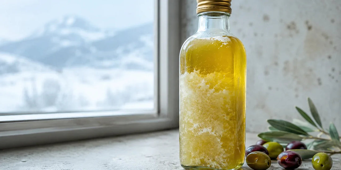 A glass bottle of olive oil gone cloudy and partly solidified into pale waxy crystals after chilling, on pale stone
