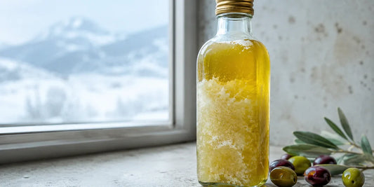 A glass bottle of olive oil gone cloudy and partly solidified into pale waxy crystals after chilling, on pale stone