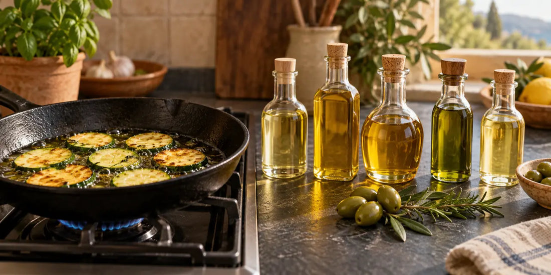 Cast-iron pan of courgettes frying in golden-green olive oil beside five glass bottles of cooking oils