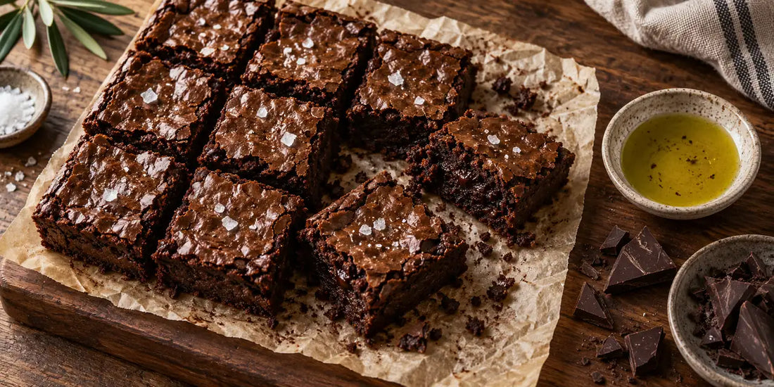 Squares of fudgy olive oil brownies with shiny crackly tops and flaky salt beside a small dish of golden-green oil