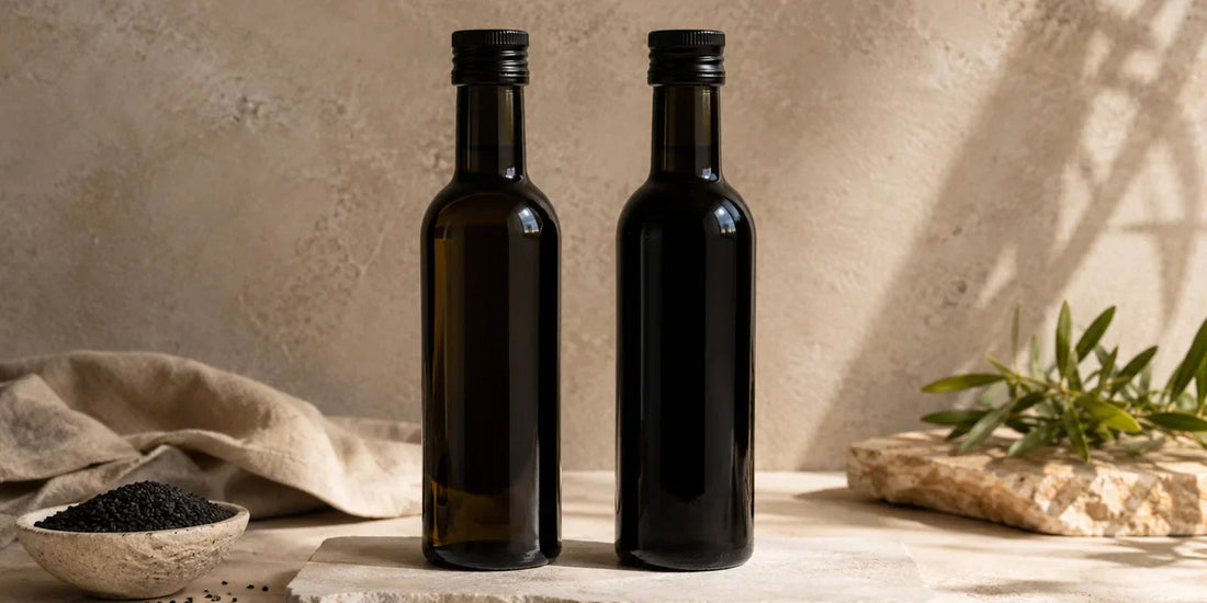 Two dark glass black seed oil bottles side by side on a pale stone surface in warm directional light
