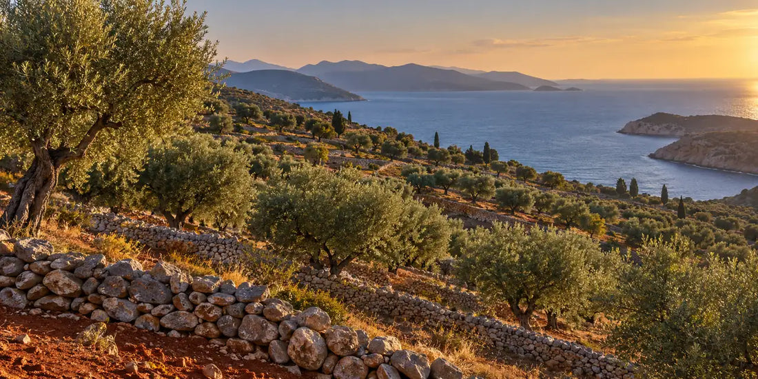Silvery-green olive trees on terraced hills with dry stone walls and red earth above a calm blue sea