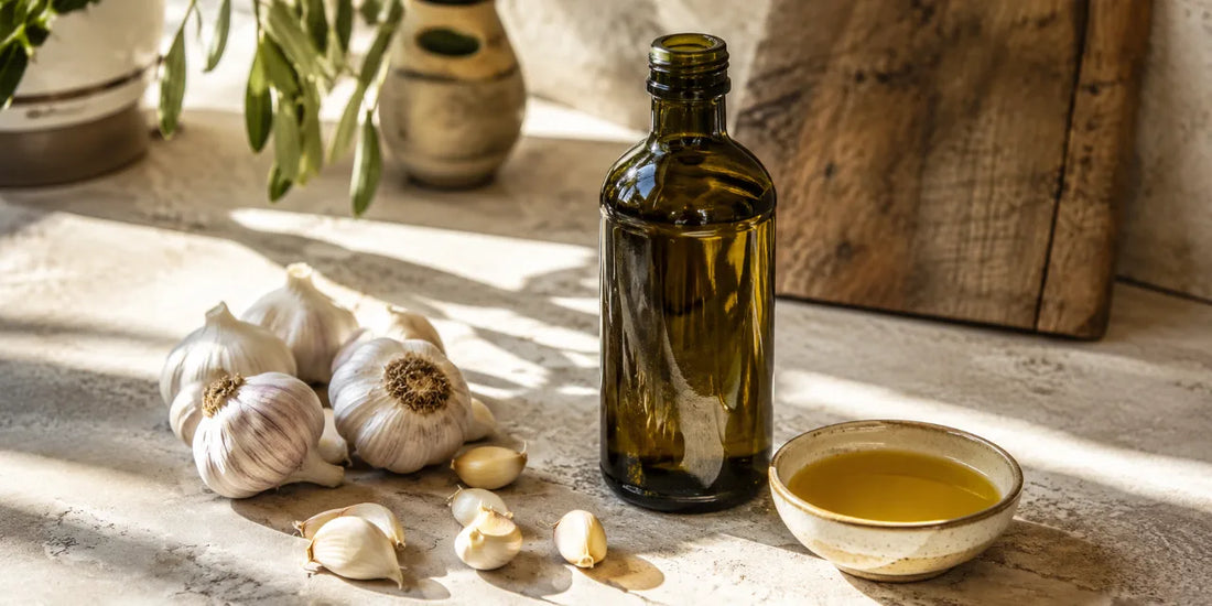 Whole garlic bulbs and peeled cloves beside a dark glass bottle and dish of golden-green olive oil