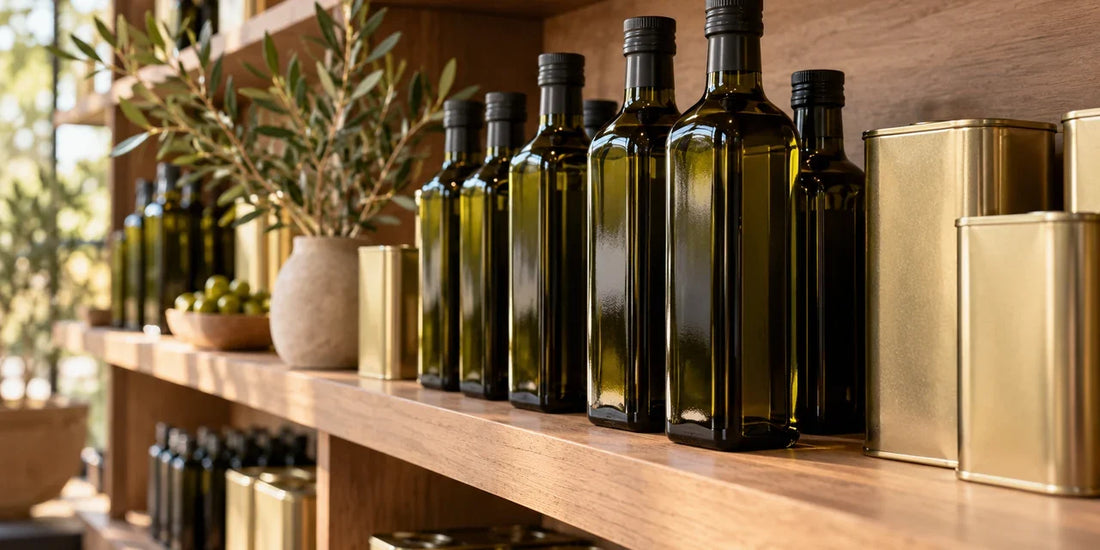 Unlabelled dark glass olive oil bottles and plain metal tins line wooden shelves in soft warm daylight
