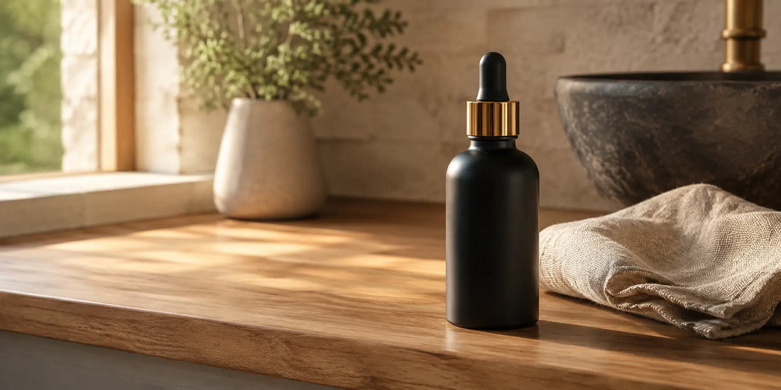 Unbranded matte black glass bottle on a wooden counter beside folded natural linen in soft warm directional daylight