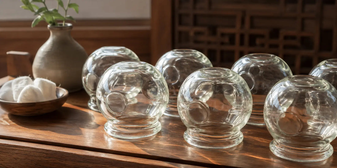 A set of traditional rounded glass cupping vessels arranged on a clean wooden surface in soft directional light