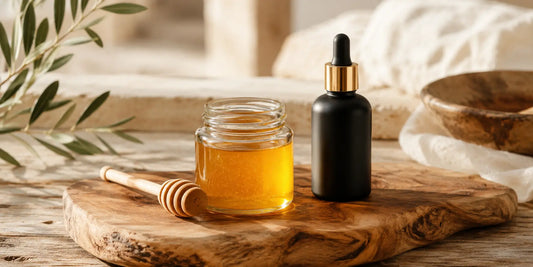 Small clear glass jar of golden raw honey beside a matte black bottle of oil on a wooden serving board in warm daylight
