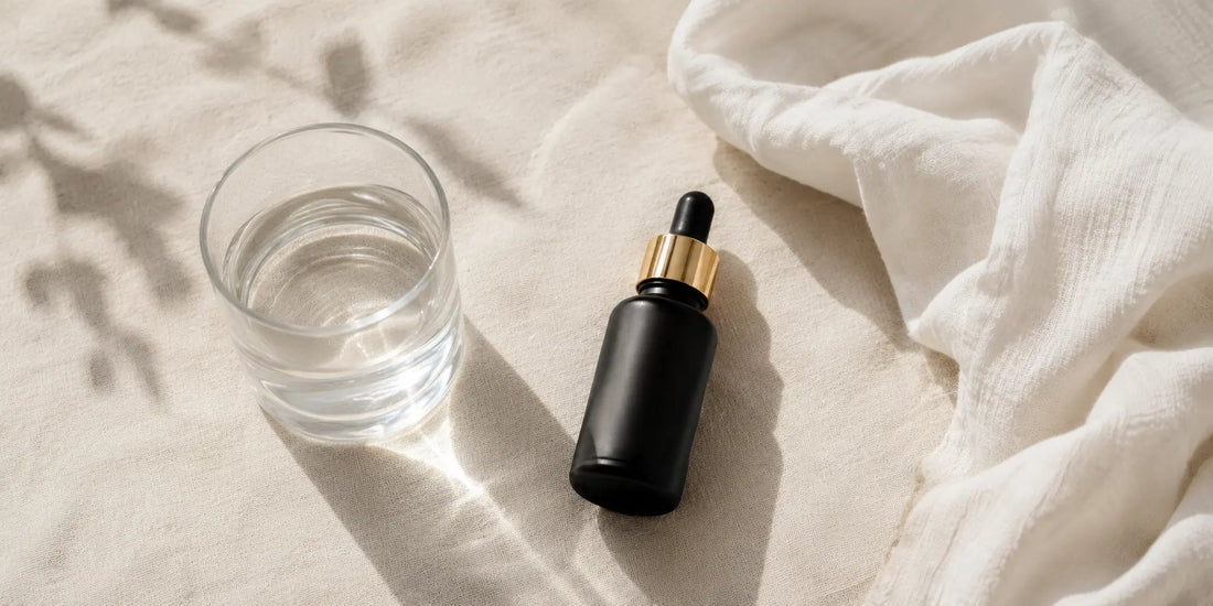 Small clear glass of water beside a matte black bottle of oil and a folded cotton muslin cloth on a pale linen surface in soft daylight