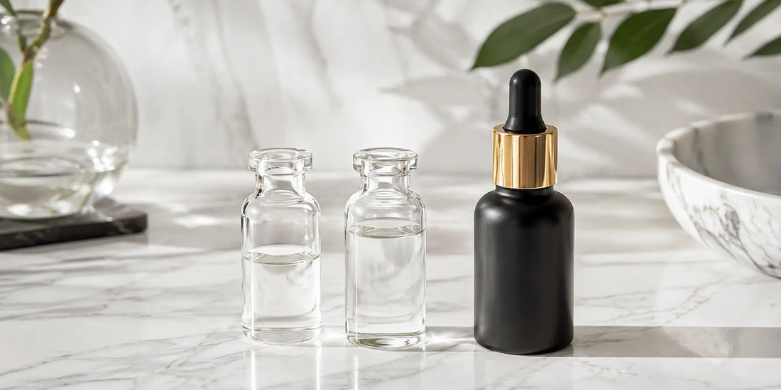 Two clear laboratory glass vials beside a matte black bottle of oil on a pale marble surface in clean bright light
