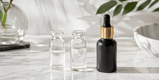Two clear laboratory glass vials beside a matte black bottle of oil on a pale marble surface in clean bright light