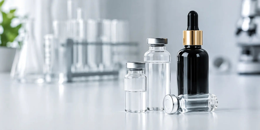 Clear glass laboratory blood sample vials beside a matte black bottle of oil on a clean white surface in bright clinical light
