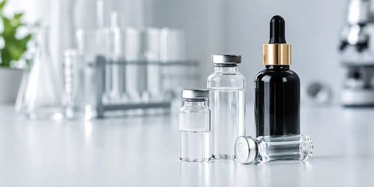 Clear glass laboratory blood sample vials beside a matte black bottle of oil on a clean white surface in bright clinical light