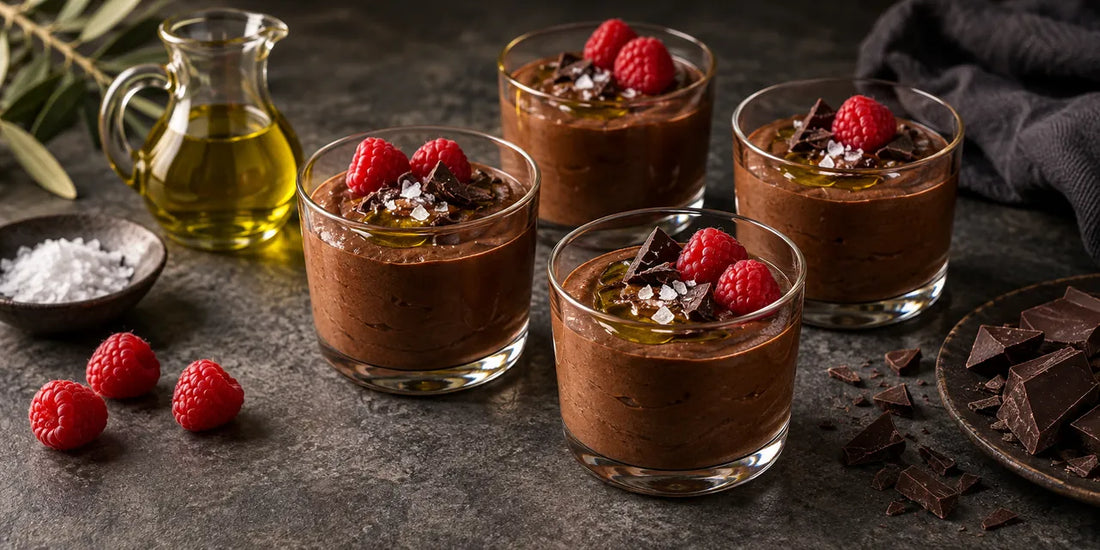 Small glasses of dark chocolate mousse drizzled with golden-green olive oil and flaky salt beside raspberries
