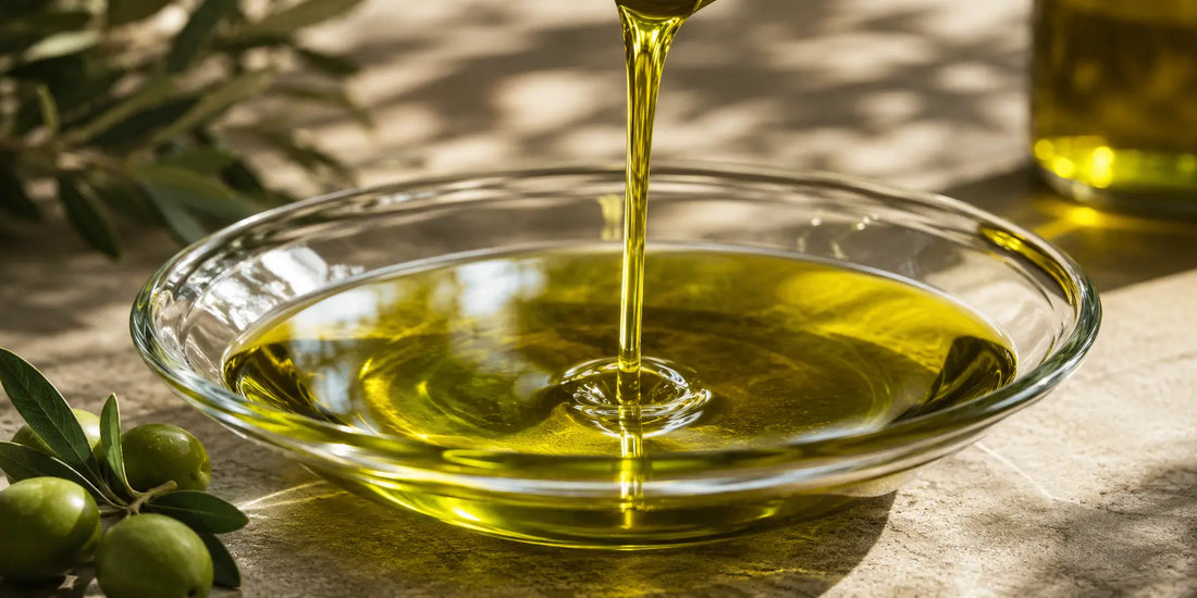 Stream of fresh golden-green extra virgin olive oil pouring slowly into a wide clear glass bowl in soft directional daylight