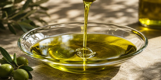 Stream of fresh golden-green extra virgin olive oil pouring slowly into a wide clear glass bowl in soft directional daylight