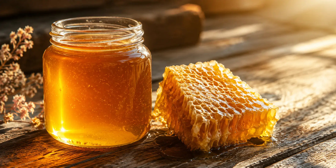 A clear glass jar of golden honey beside a piece of natural honeycomb on a wooden surface in warm directional light