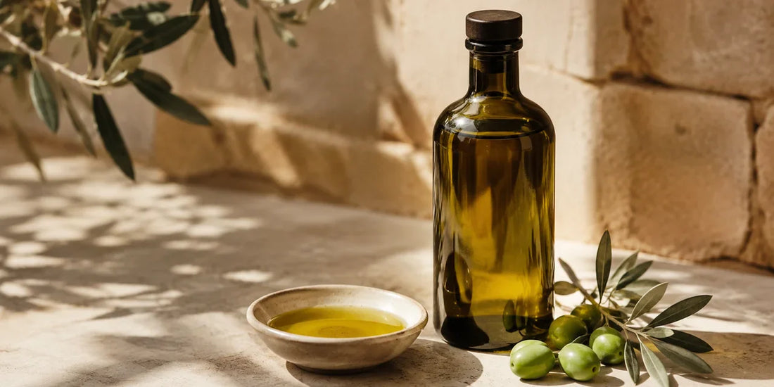A single dark glass bottle of green-gold olive oil and a dish on a pale stone surface beside olives in warm light