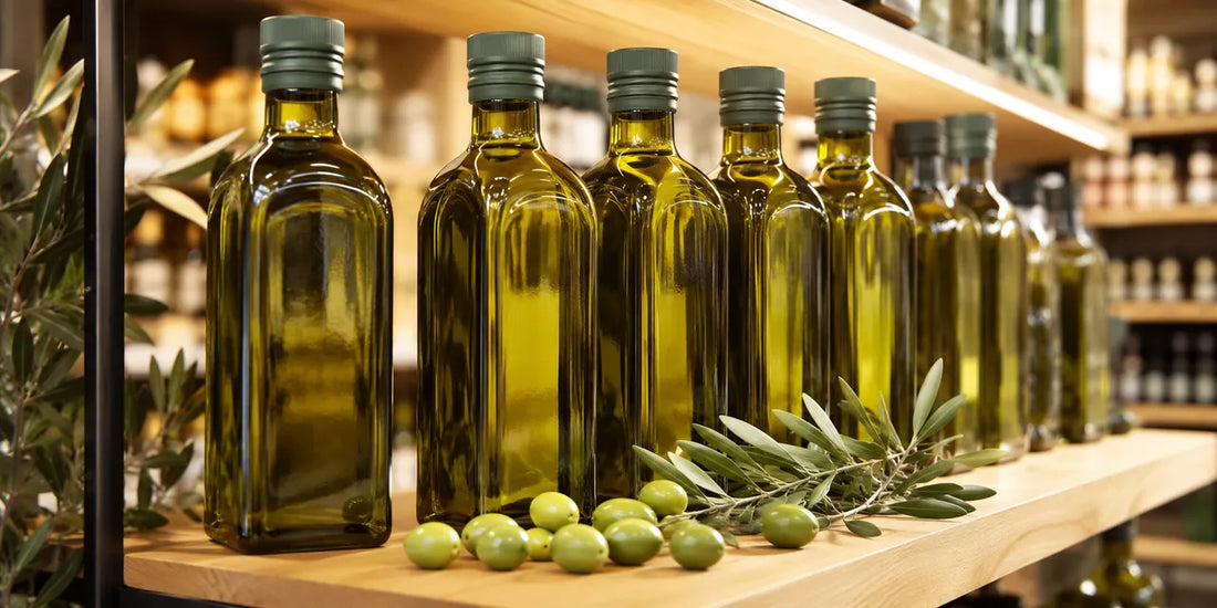 Plain unbranded olive oil bottles on a warm shop shelf beside fresh olives and leaves in soft directional daylight