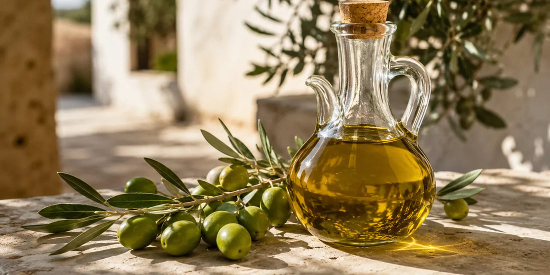 Rich golden-green olive oil in a glass cruet beside fresh green Picual olives and leaves on pale stone in warm Andalusian light